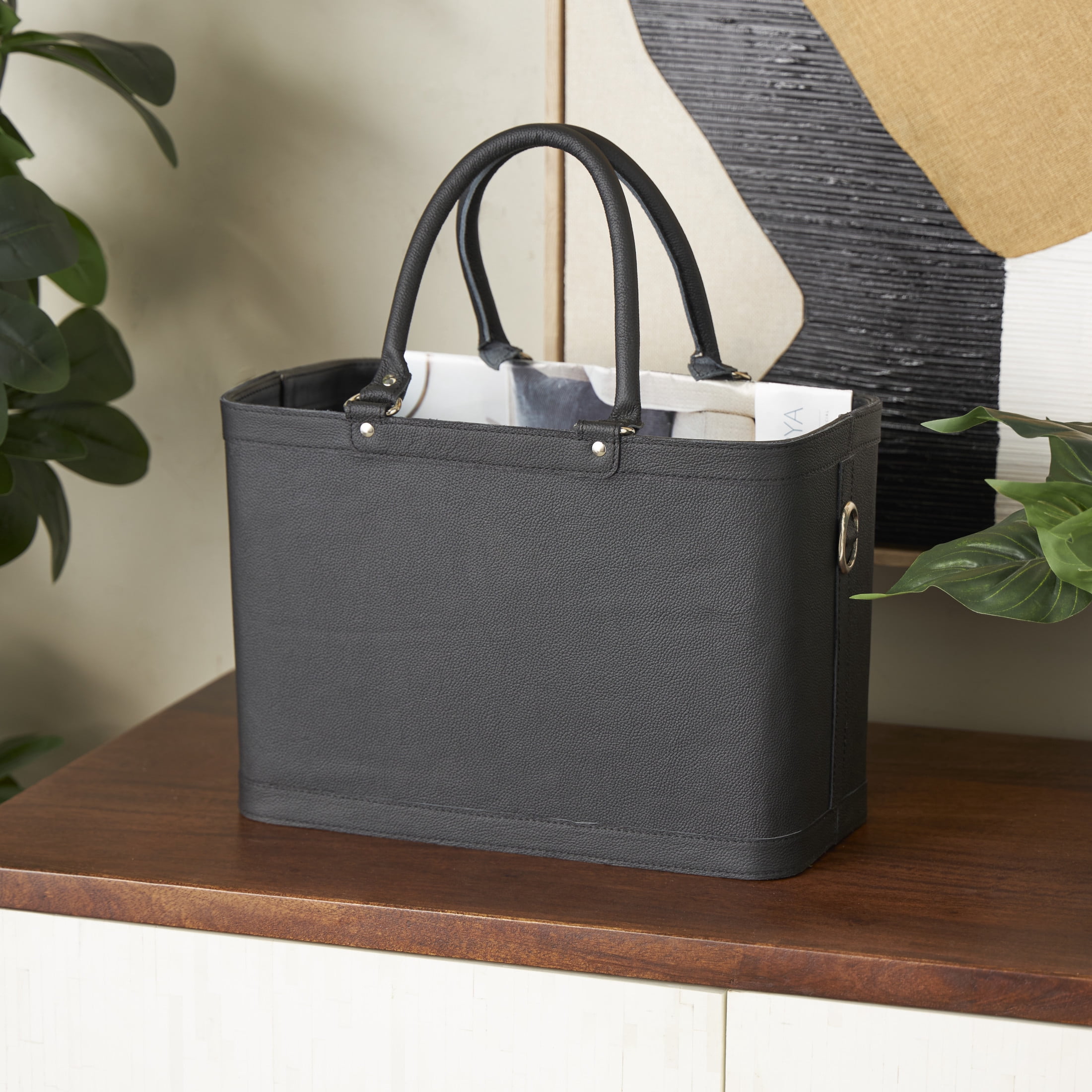 DecMode 17" Black Leather Handmade Box Style Single Slot Magazine Holder with Arched Handles