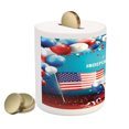 thumbnail image 2 of 4th of July Piggy Bank, Celebration of the Important Day Uncle Sam Hat Flag Balloons, Ceramic Coin Bank Money Box for Cash Saving, 3.6" X 3.2", Blue Red and Pearl, by Ambesonne, 2 of 4