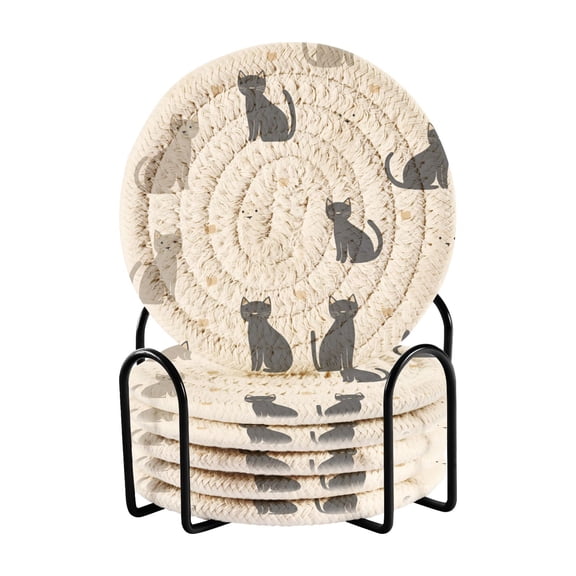 Yayeee 6 PCS Drink Coasters with Holder Set Woven Absorbent Round Tabletop Hot Pad, Black Cute Cats