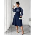thumbnail image 3 of Navy Blue Plus Size Womens Elegant Long Sleeve Striped Tie-Neck Flared A-Line Dress For Autumn Winter Outings, 3 of 8