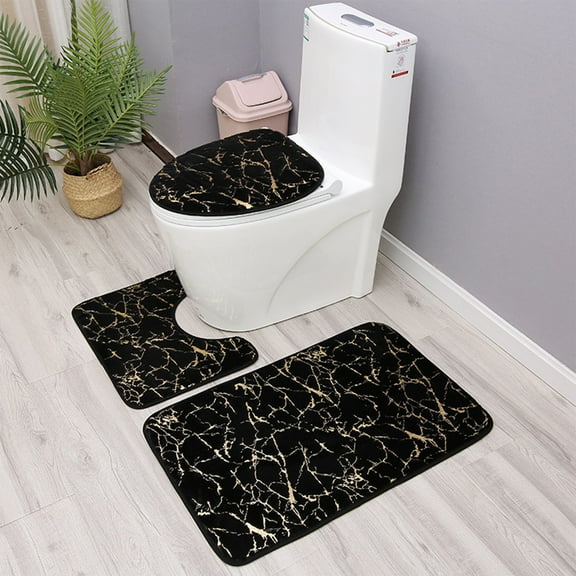 Fmbmuo Low Pile Bathroom Rugs Modern Rectangle Machine Washable Bath Mat Sets 3 Piece Nylon,Spandex Black