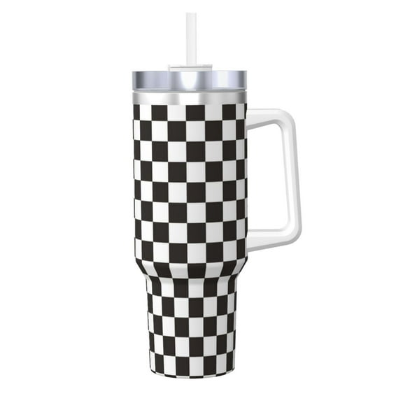 KLL Black and White Checkerboard Print 40oz Stainless Steel Insulated Car Cup Coffee Mug with Spillproof Lid - Keep Your Drink Hot or Cold on the Go