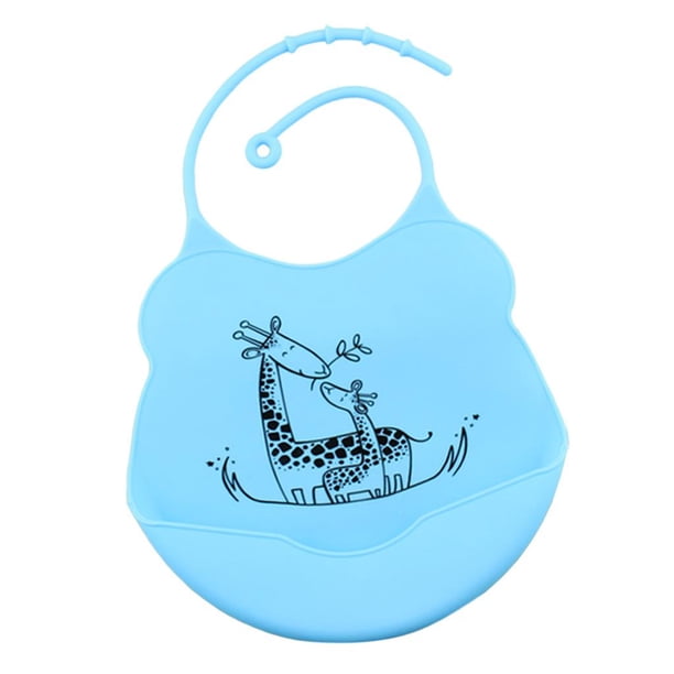 Baberos ajustables de silicona impermeable para bebés y niños pequeños con Jirafa_Azul