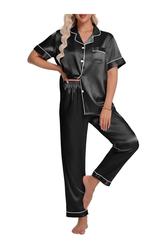 Silk Satin Pajamas Set for Women Two-Piece Short Sleeve Shirt with Long Pajama Pant Set Soft Button Down Loungewear Nightwear Pjs Sleepwear for Women