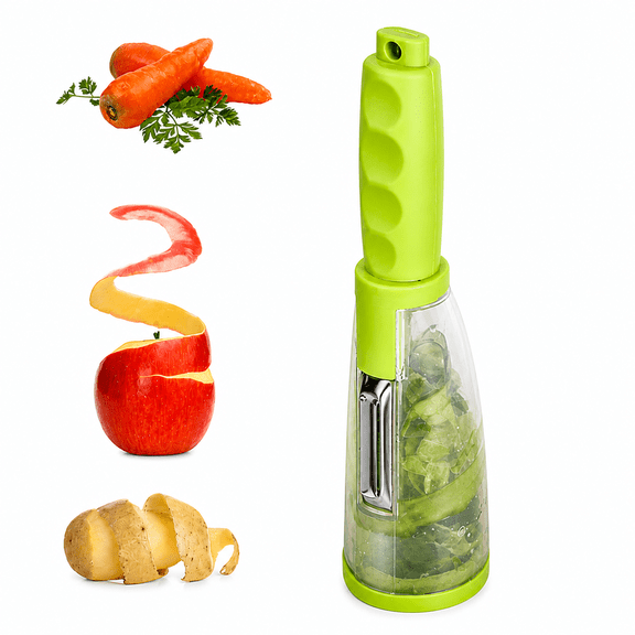 The No-Mess Vegetable and Fruit Peeler with Two-Sided Stainless Steel Blade and Peel Catching Container