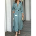 thumbnail image 4 of Women Autumn Casual Lapel Split Wrinkle-Free Long Maxi Vacation Dress with Pockets Sky Blue M, 4 of 5