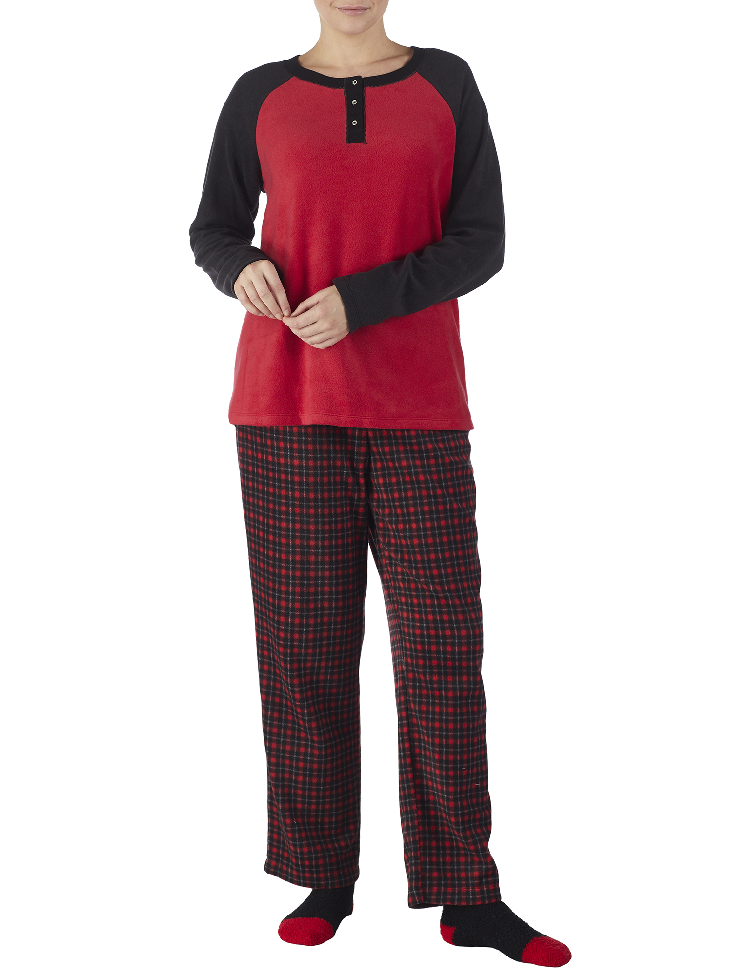 Women's Fleece Henley pajama top with pant and sock 3Piece Giftable sleepwear set