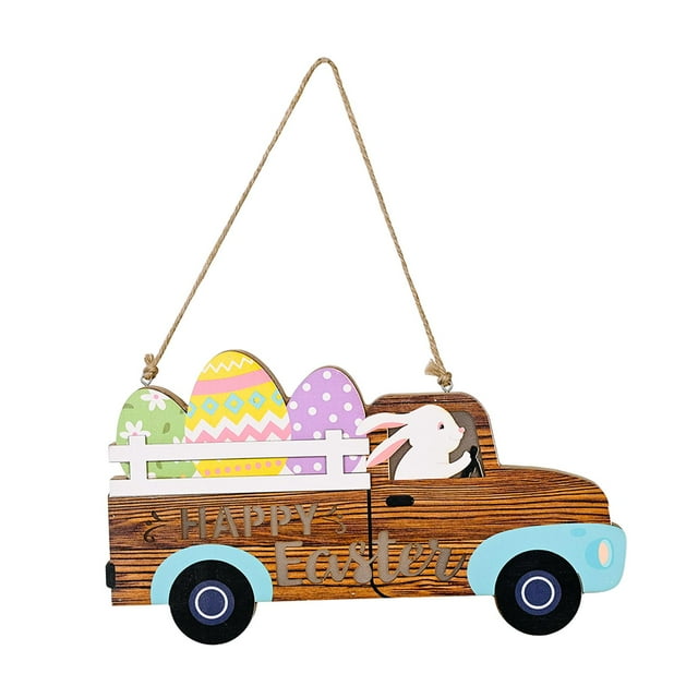 Letrero Colgante de Pascua de Madera, Luz Decorativa para Camión, Adorno de Huevo de Conejo, Artesanía, Placa de Pared, Colgante para Puerta Delantera