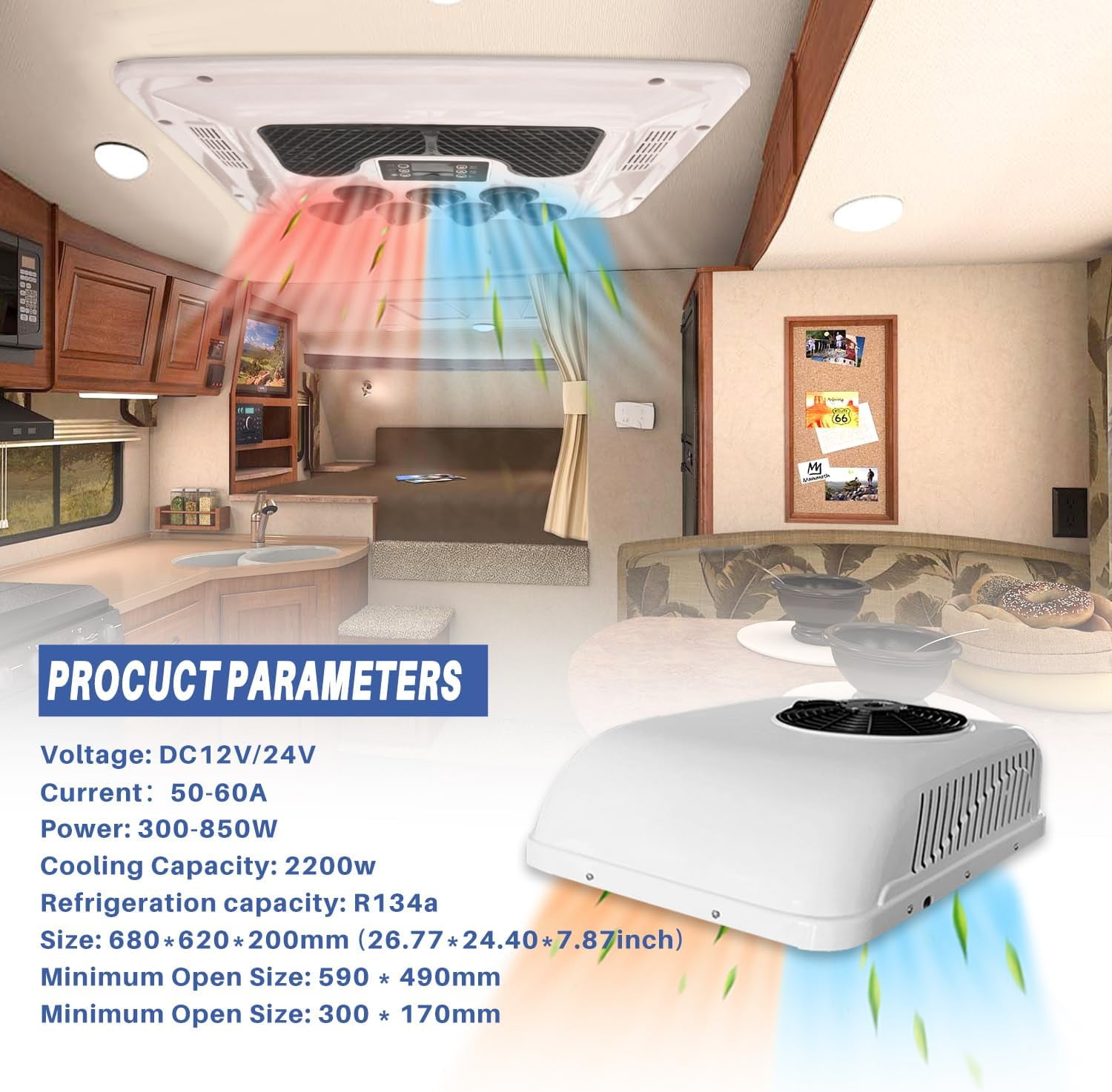 Aspligo DC 24V 8800BTU Rooftop RV Air Conditioner, Heat & Cool Scroll Compressor Parking AC Unit for Truck, Motorhome, Trailer