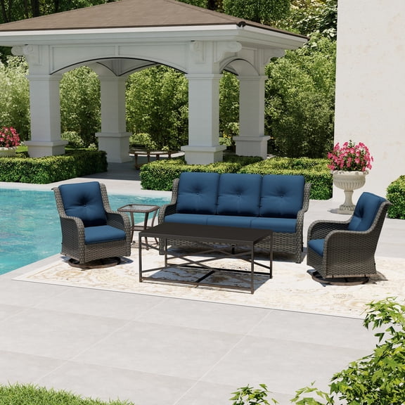 Joyside 5 Piece Wicker Patio Set with 3-Seat Sofa, 2 Swivel Rocker Chairs, Side Table & Coffee Table, Outdoor Furniture Sectional Conversation for Deck Porch, DarkBlue