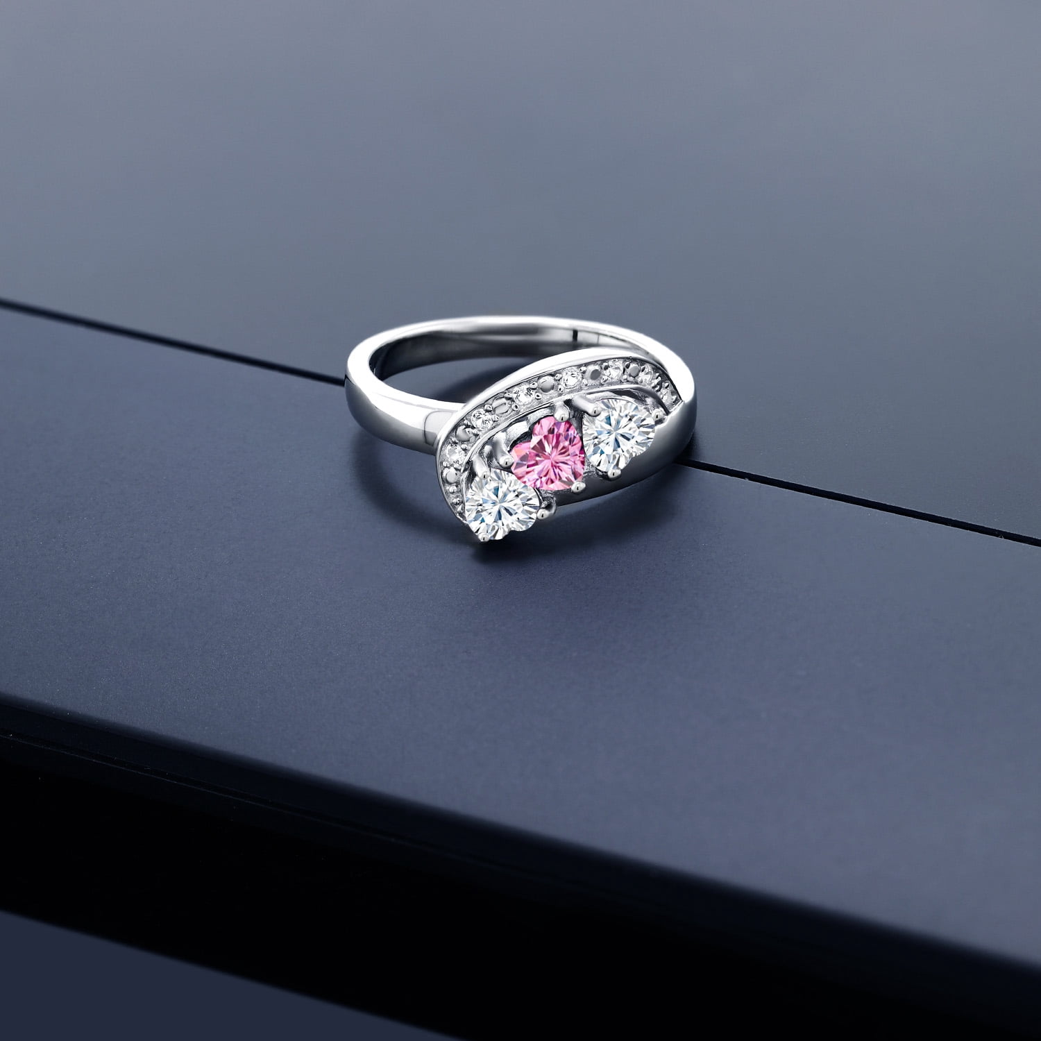 Gem Stone King 925 Sterling Silver Pink Moissanite and White Moissanite and White Created Sapphire Engagement Ring for Women (0.77 Cttw, Gemstone , Heart Shape 4MM, Size 5)