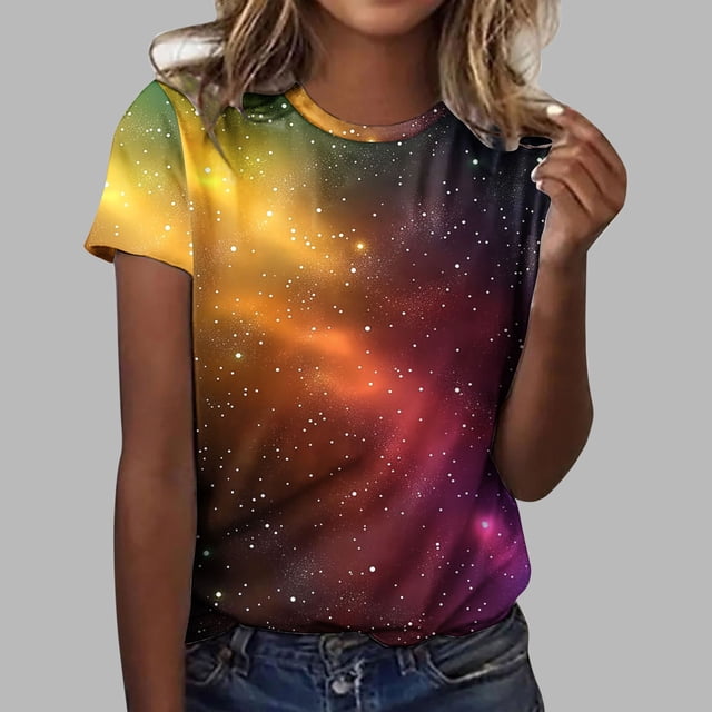 UPPADA T-Shirts d'Été pour Femmes à Imprimé Graphique, Col Ras du Cou, Décontractés, Manches Courtes, Coupe Ample, Chandails à Enfiler, Hauts Mode pour Vacances à la Plage, Blouses Multicolores, L