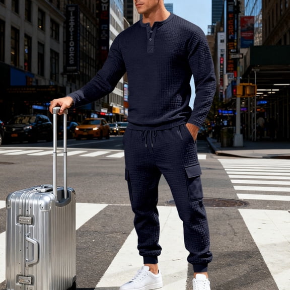 LEKWK Tracksuit Men Textured 2 Piece Outfit Long Sleeve Henley Top and Cargo Jogger Sweatpants Matching Sets for Sports Lounging Workout