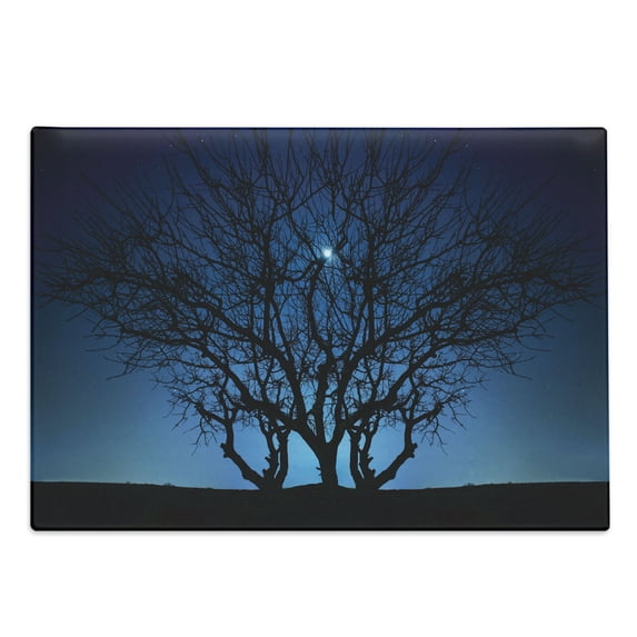 Navy Blue Cutting Board, Tree Under Clear Night Sky with Moon and Stars Galaxy Nature Landscape Art Print, Decorative Tempered Glass Cutting and Serving Board, Large Size, Navy Black, by Ambesonne