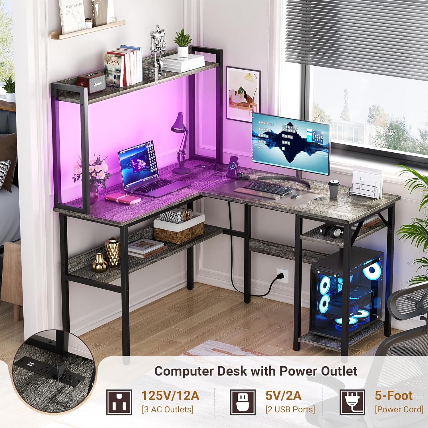 Homieasy L Shaped Gaming Desk with LED Strip and Power Outlets, Reversible L-Shaped Computer Desk with Storage Shelves, Corner Desk with Hutch, 2 Person Home Office Desk, Black Oak