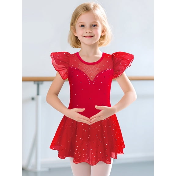 Girls Ruffle Sleeve Ballet Dance Dress Tutu Skirted Leotard Sparkly Gymnastic Costume Ballerina Dress Outfits