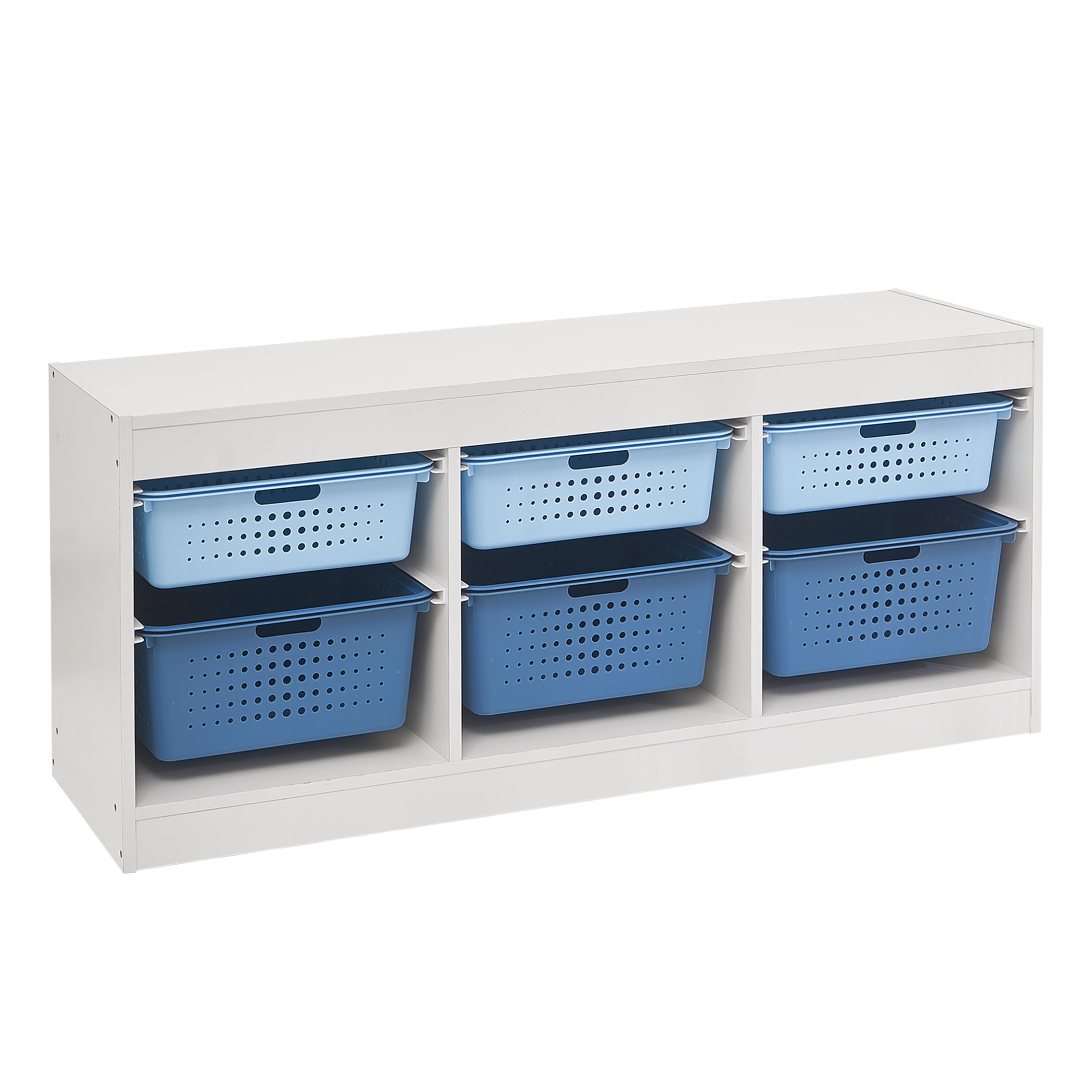 Your Zone Wooden Kids Horizontal Sliding Bin Organizer with 6 Storage Bins, Blue, Age 3+