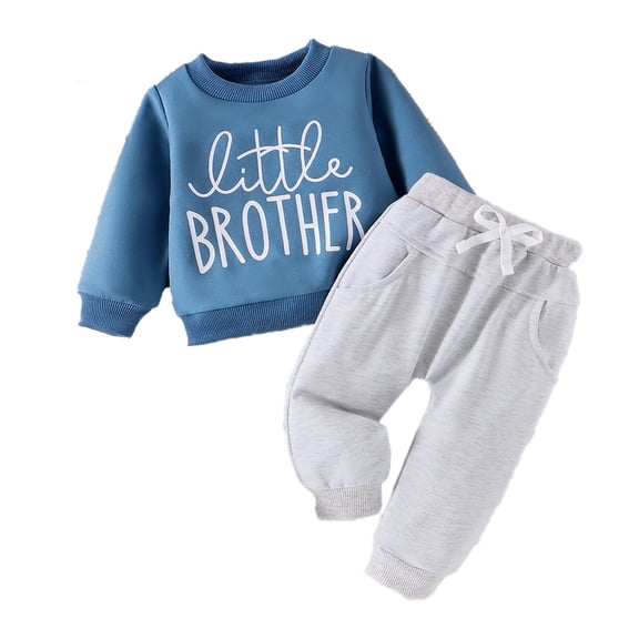 FINALGANG Baby Boys Casual Two Piece Outfit With Round Neck Long Sleeve Little Brother Print Sweatshirt Drawstring Waist Jogger Pants Versatile Set