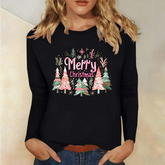 Uootdi Christmas Long Sleeve Shirts Gift for Women Tunic Blouses Cute Xmas Printed Tops Crew Neck Graphic Tees