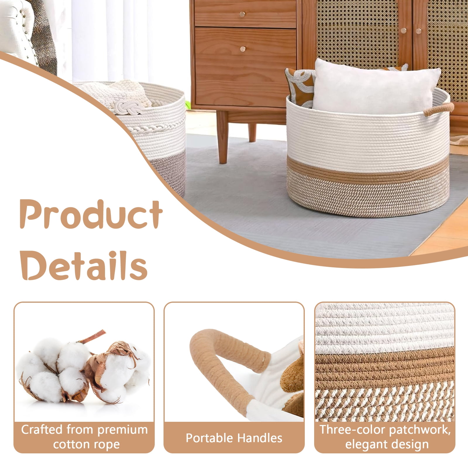 Large Cotton Rope Baskets for Storage, Blanket Woven Basket Laundry Hamper with Handles, Clothes Basket Toy Storage Organizer for Living Room, Nursery, Bedroom(White/Brown)