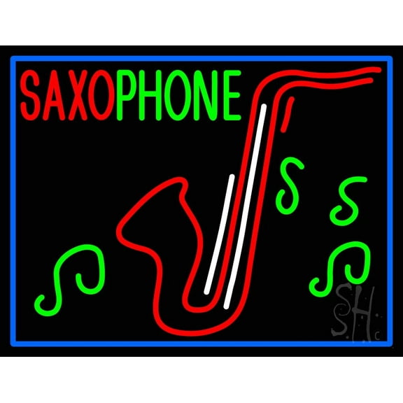 Pink Saxophone Red Logo LED Neon Sign 15" Tall x 19" Wide - inches Black Square Cut Acrylic Backing, with Dimmer - Premium built indoor Sign for Studio, Club, Home décor, Event, Workshop, Storefront.
