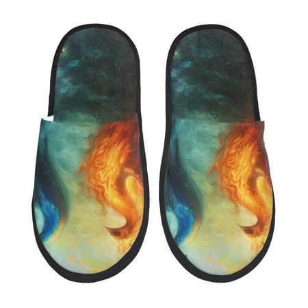 Balery Red And Blue Fire Peacock Slient Indoor Furry Fleece Comfort House Shoes Soft Non-Slip Home Shoes Cotton slippers House Slippers-- Large