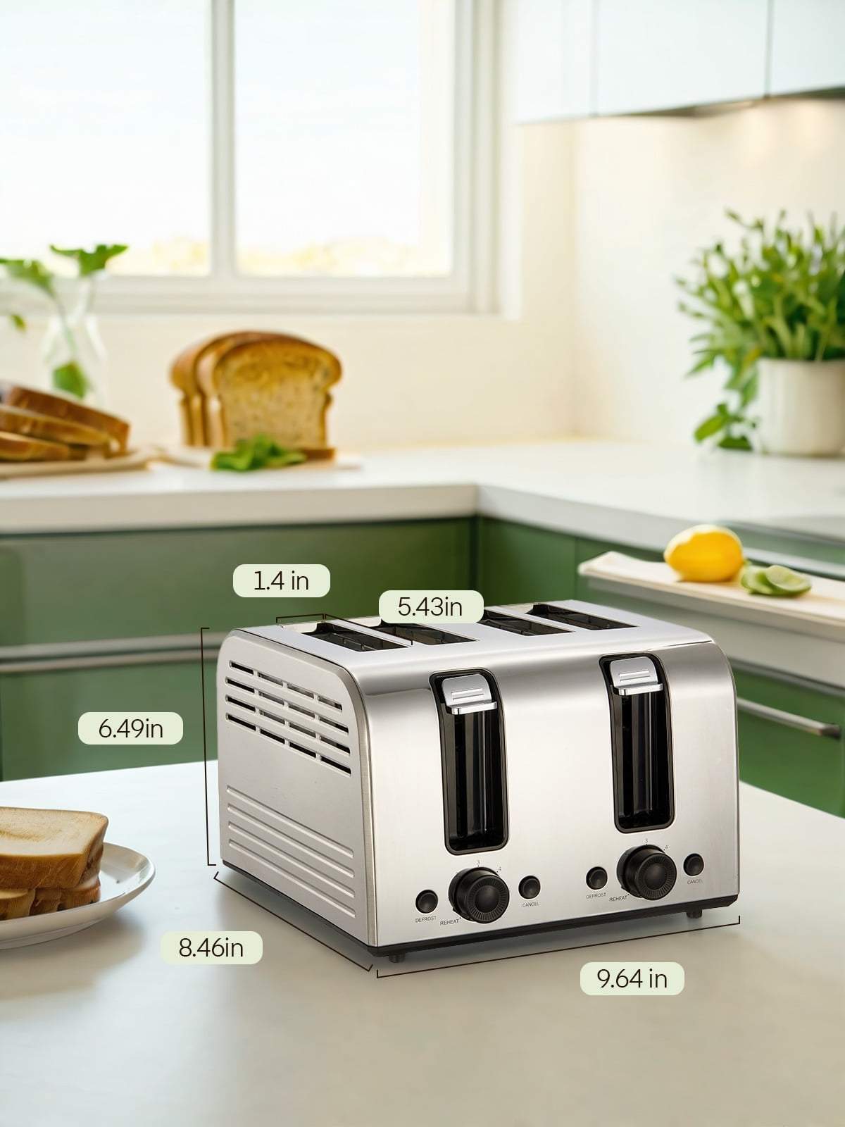 4 Slice Toaster, 1500W Extra-Wide Slot Toaster, for Bagel, Bread, Waffle, with 6 Shade Settings, Dual Independent Control Panel, Reheat/Defrost/Cancel Functions, Stainless Steel Sliver