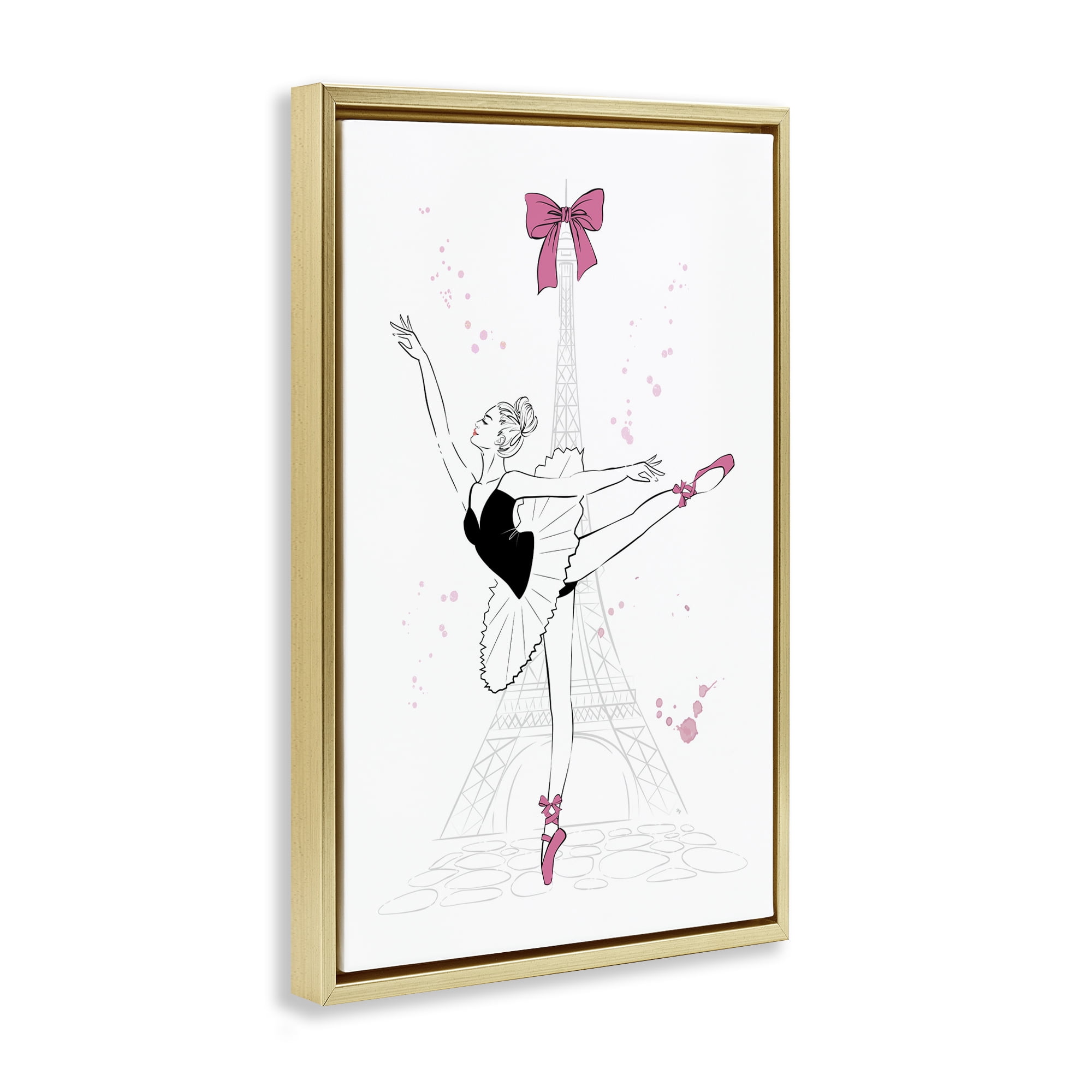 Stupell Industries Ballerina & Eiffel Tower Novelty Painting Gold Floater Framed Art Print Wall Art, 21 x 31
