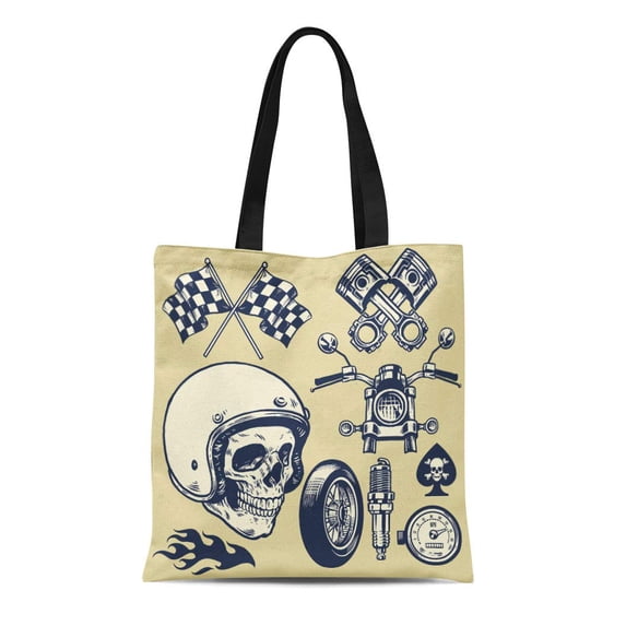 SIDONKU Canvas Tote Bag Flag of Hand Made Vintage Motorcycle Race Skull Helmet Reusable Shoulder Grocery Shopping Bags Handbag