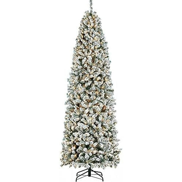 9Ft PreLit Snow Flocked Pencil Christmas Tree Kingswood Fir Hinged