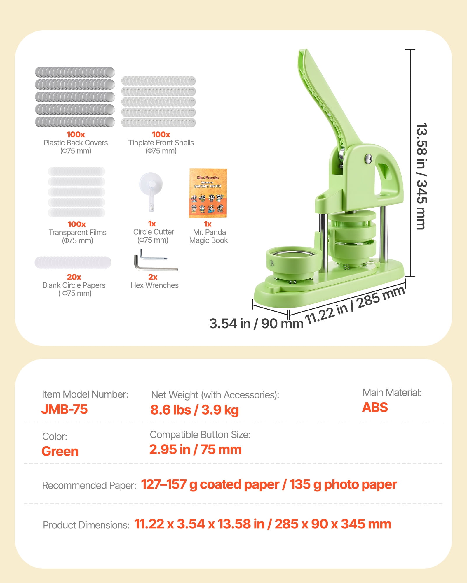 VEVOR Button Maker Machine, 2.95 in, Plastic Pin Maker with 100pcs Button Parts, Circle Cutter and Magic Book, Reinforced Ergonomic Handle, for DIY Badges, Personalized Pins and Key Chains, Green