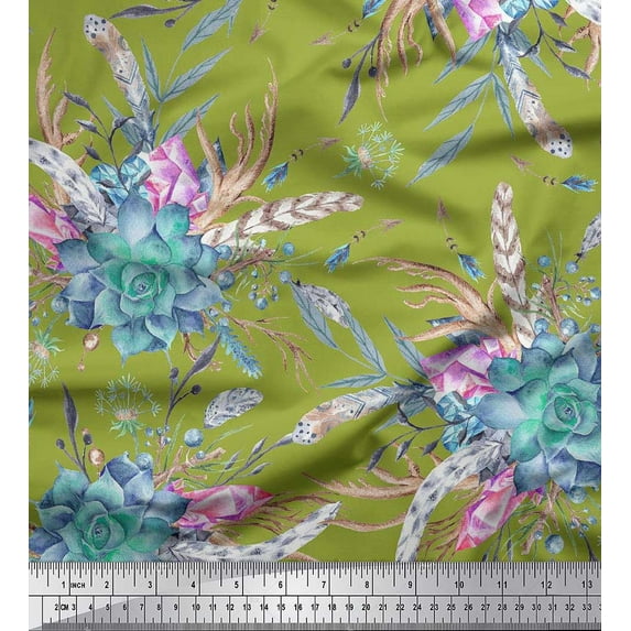 Soimoi Green Rayon Fabric Leaves,Pink & Blue Floral Decor Fabric Printed BTY 56 Inch Wide