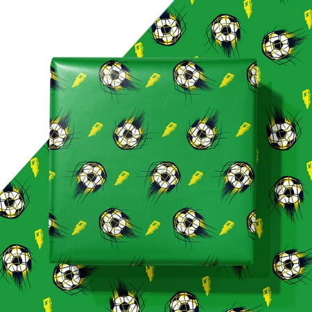 WAPLIGHAL Soccer Wrapping PresNok Paper - Green Background with Dynamic Soccer Ball and Lightning Bolt Design - 28 x 40 Inches - Perfect for Birthdays, Holidays, and Sports Events