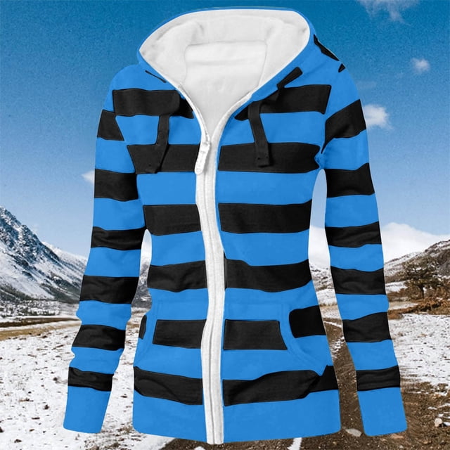 WRKEKC Striped Print Hooded Cardigan Zip Front Kangaroo Pockets Street Style Comfort Plus Sizes Sky Blue L