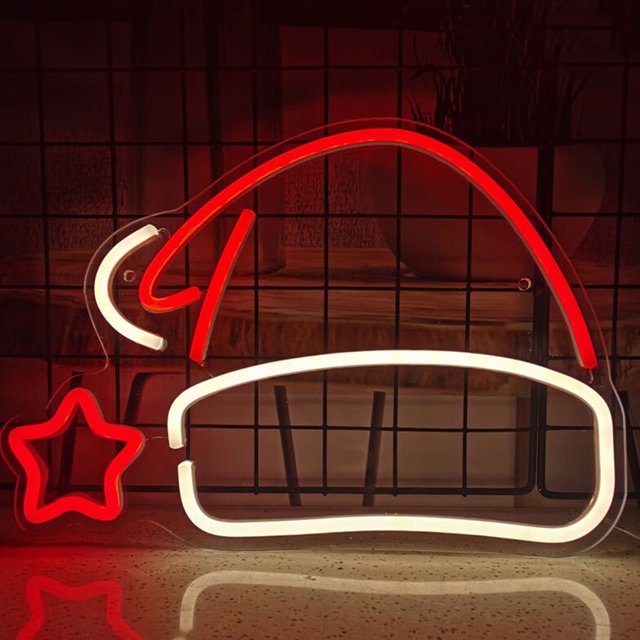 Puntoco Luces decorativas de neón navideñas Patrón de gorro navideño Luces ambientales festivas de acrílico