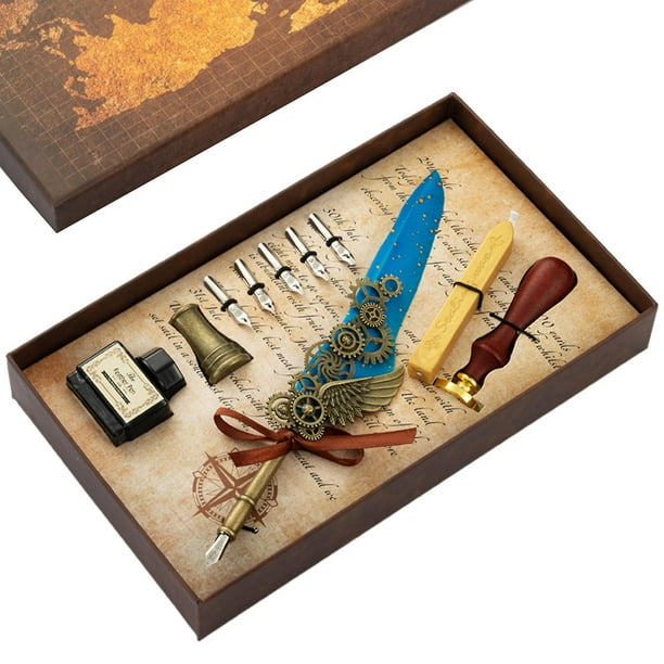 5 Kit de pluma de inmersión de plumas vintage, 5 puntas de pluma, botella de tinta, sello de cera incluido