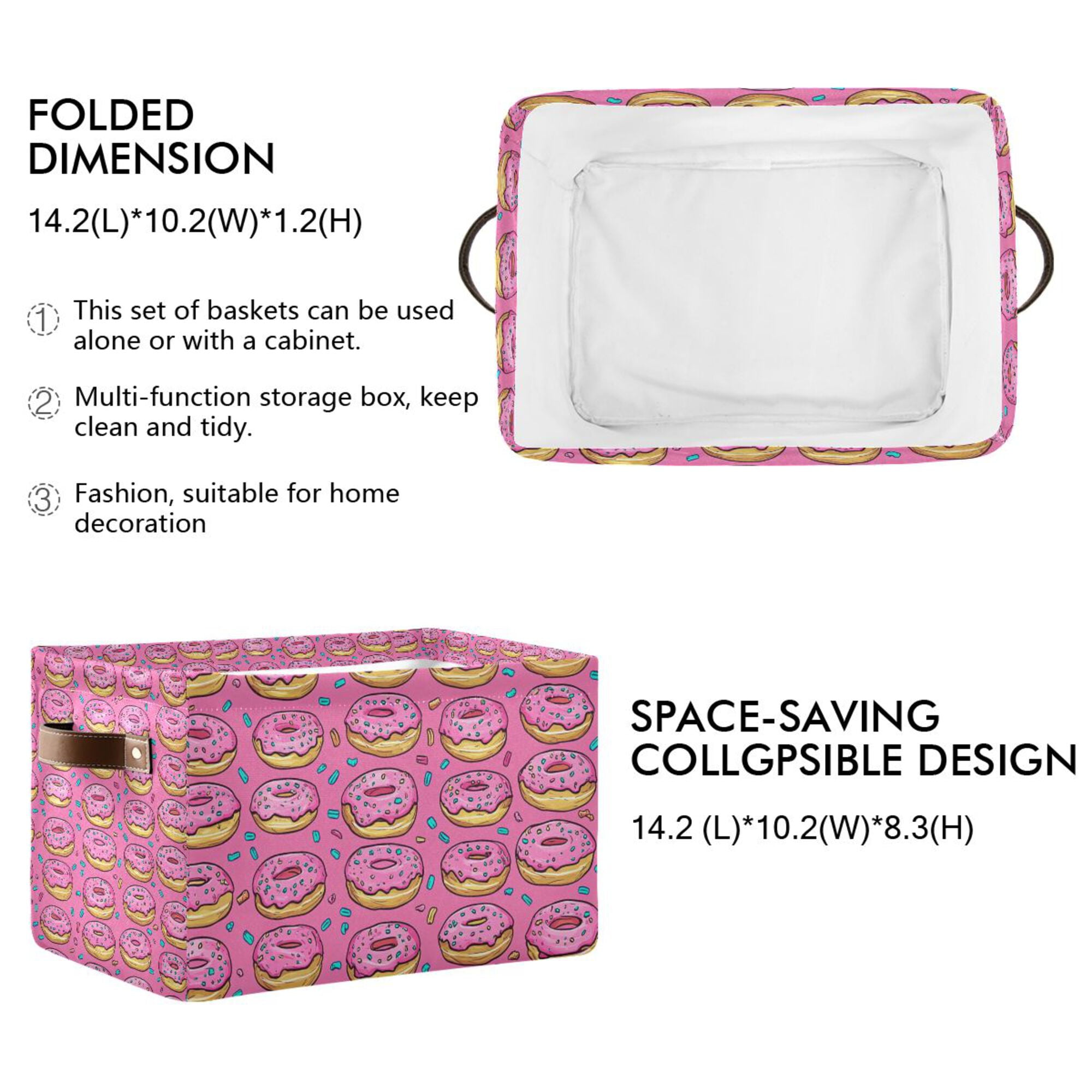 Yayeee 2 Pack Canvas Storage Basket with Handles for Shelves Fabric Bins Closet Organizer, Pink Doughnuts