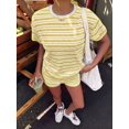 thumbnail image 3 of Womens Geometric Stripe Short Sleeve T-Shirt and Shorts Loungewear Set Yellow M, 3 of 7