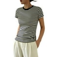 thumbnail image 4 of HOMBOM Striped Blouses for Women Trendy Black Slim Fit Cotton Short Sleeve Crew Neck T-shirt S, 4 of 6