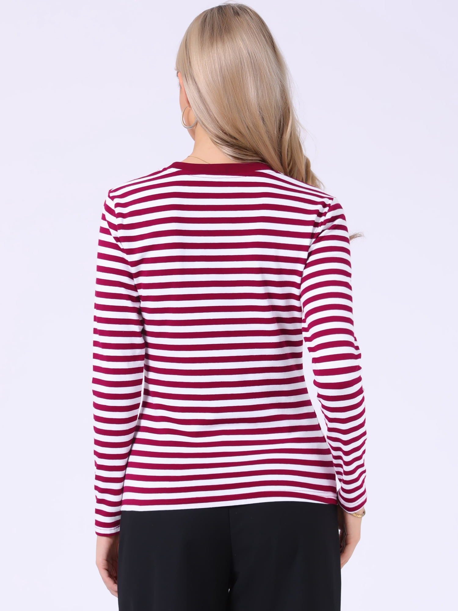 DARING DIVA Women's Striped Long Sleeve Cotton Crew Neck Tees M Deep Red Stripe