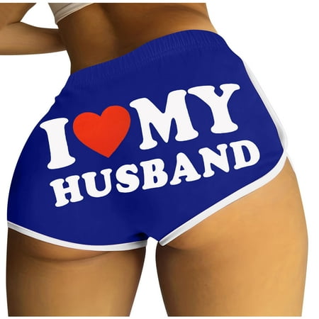 Lovskoo I Love My Husband Booty Shorts for Women Letter Printed Yoga Sport Workout Hot Pants Elastic Waist Athletic Lounge Shorts Blue
