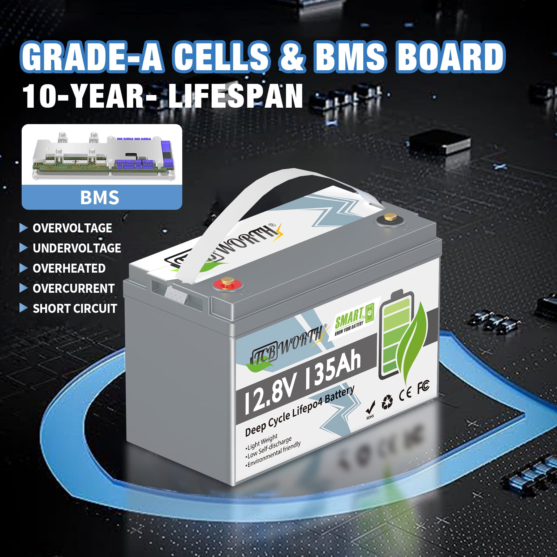 12V 135AH LiFePo4 Battery Bluetooth,TCBWORTH for RV,Solar,Trolling Motors,Camping,Marine,Caravans,Backup Power,Group 31 Deep Cycles Lithium Batteries,Smart 100A BMS,1728Wh