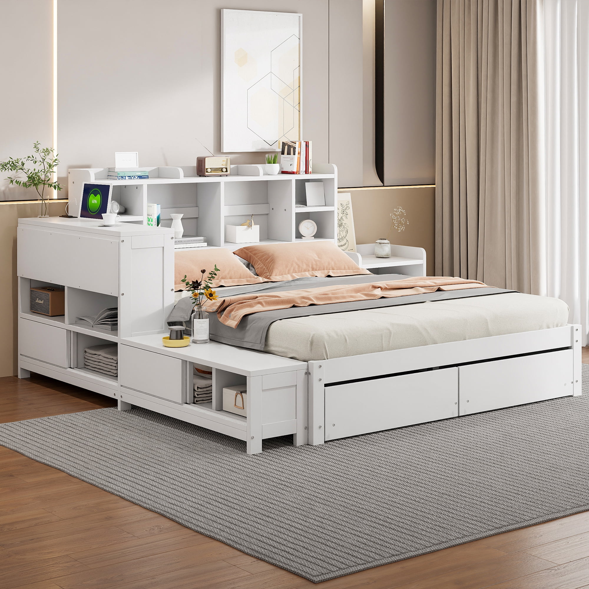 Euroco Wood Full Size Platform Bed with Nightstand and Drawers, Desk and Cabinets, USB Ports, White