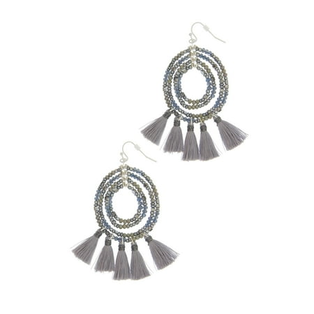 Veroma Grey Beaded Statement Earring with Tassel