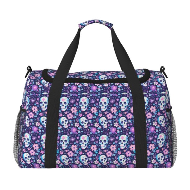 Disketp Skull Purple Flower Bolsa de Viaje Tipo Duffle, Bolso de Mano para Fin de Semana para Mujer, Bolsa de Gimnasio Ligera para Hombre, Esencial para Viajes