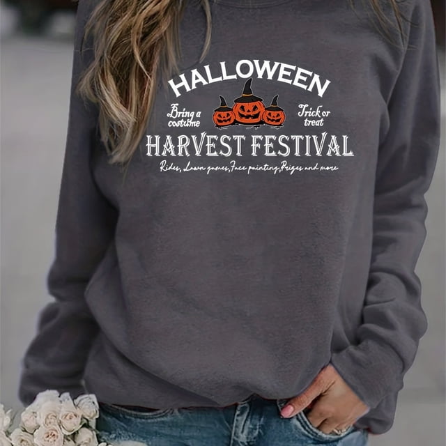 Sudadera Con Estampado De Halloween, Sudadera Informal De Manga Larga Con Cuello Redondo, Ropa De Mujer