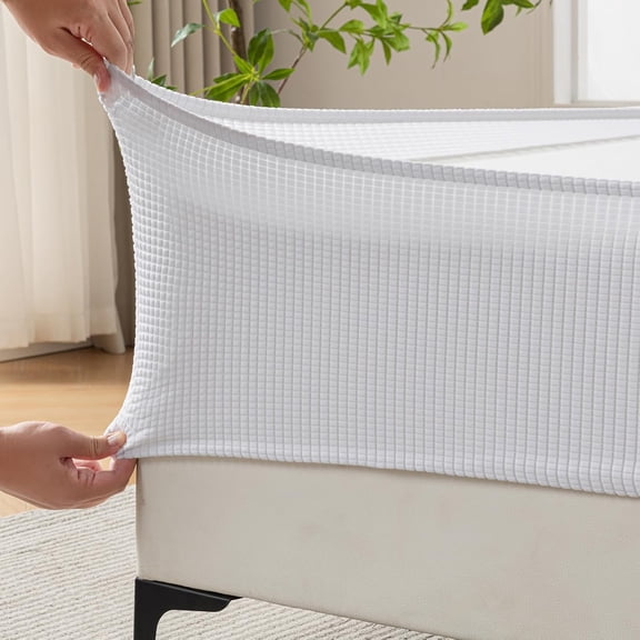 Jacquard Fabric Box Spring Cover,Super Stretchy Wrap Around 4 Sides Elastic Bed Skirt,Wrinkle & Fading Resistant,Washable & Easy Fit. (White, King)