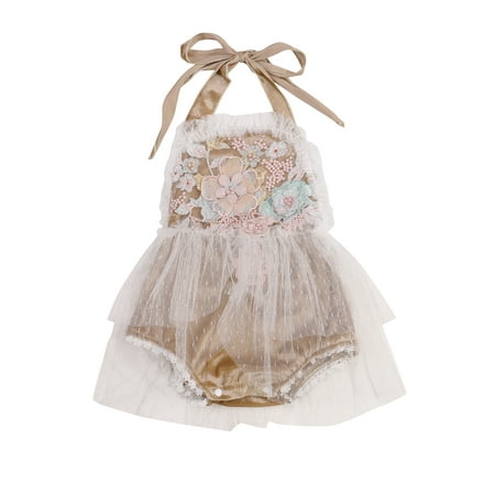 

Fanvereka Infant Baby Girl Halter Tie-up Flower Pattern Mesh Lace Trim Playsuit with Beads