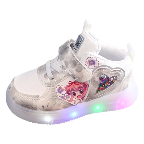 Light up Shoes for Girls Cute Cartoon Trendy Color Block Flat Sneakers Hook and Loop Lace up Casual Skate Shoes White 7 Toddler