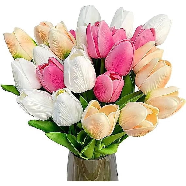 Nvzi 20 piezas de tulipanes artificiales multicolores, tallos de tulipán falsos, tulipanes de poliuretano de tacto real, decoración de centros de mesa para fiestas y habitaciones del hogar